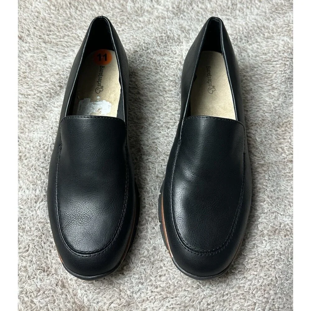 Bare Traps Women’s 11 M Black Loafers Wedge Heel Faux Leather Slip On Shoes NWOB